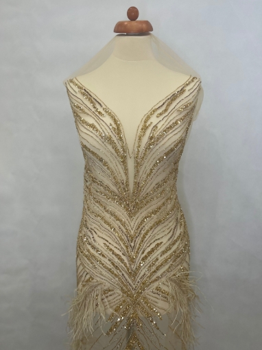 Picture of Long dress with golden crystals and feathers