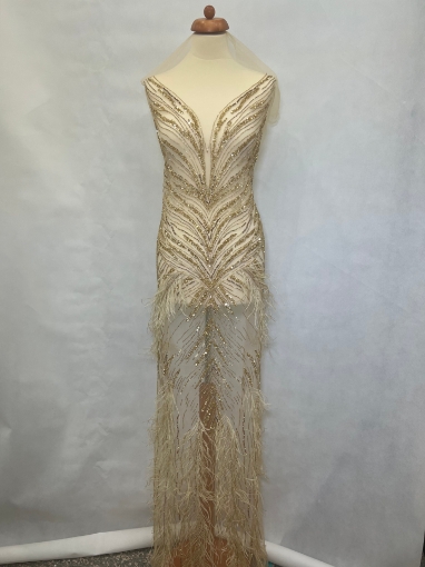 Picture of Long dress with golden crystals and feathers