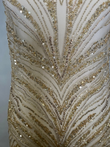 Picture of Long dress with golden crystals and feathers