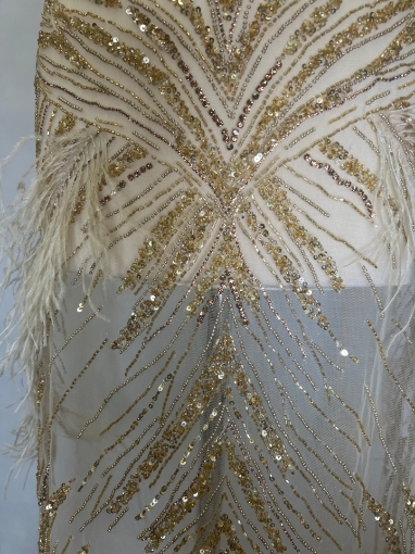Picture of Long dress with golden crystals and feathers