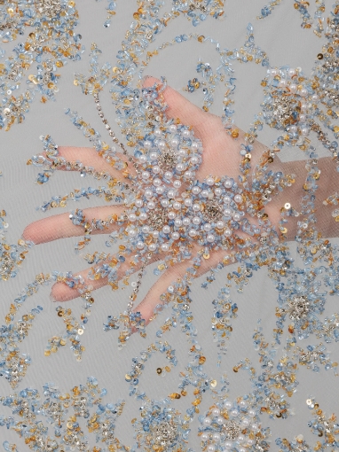 Picture of Embroidery with baby blue/champagne crystals and beads