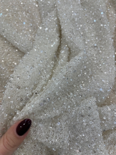 Picture of Mesh-type embroidery with pearls, beads, and white sequins.