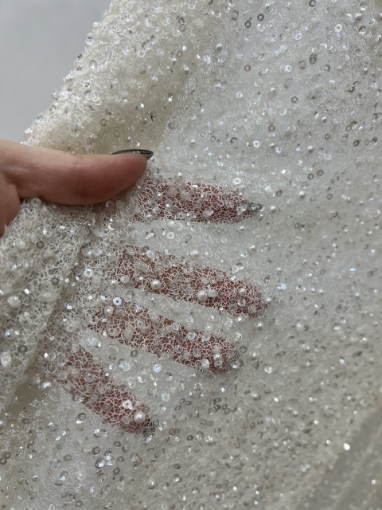 Picture of Mesh-type embroidery with pearls, beads, and white sequins.