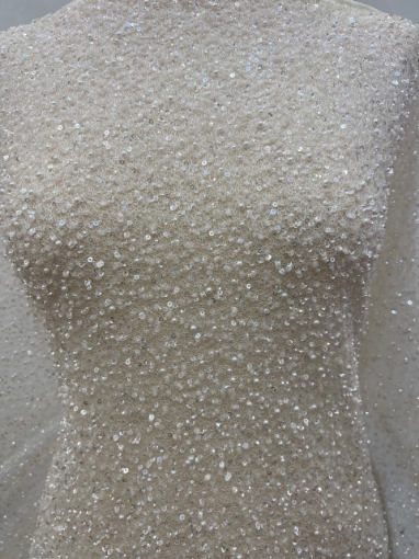 Picture of Mesh-type embroidery with pearls, beads, and white sequins.