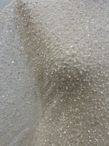 Picture of Mesh-type embroidery with pearls, beads, and white sequins.